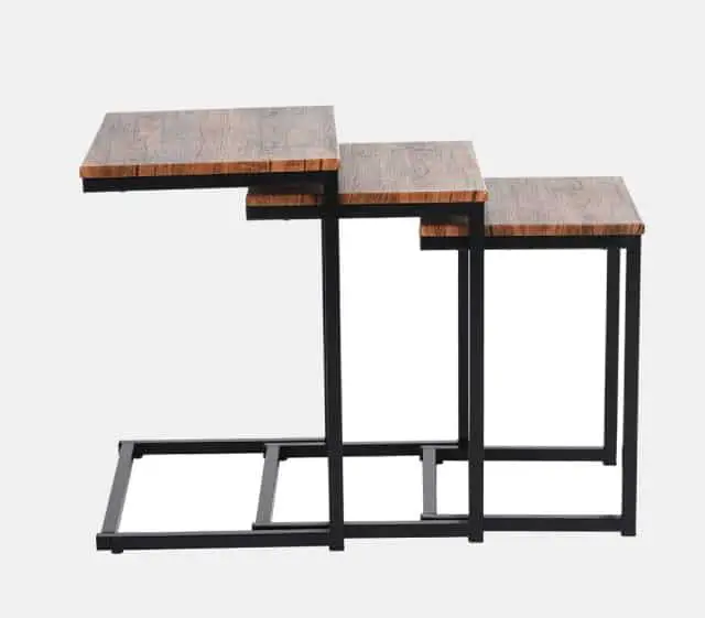 three stylish nesting tables with chestnut finished top and blackened metal frame