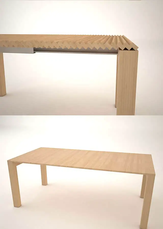 extendable dining table by rolling wooden boards