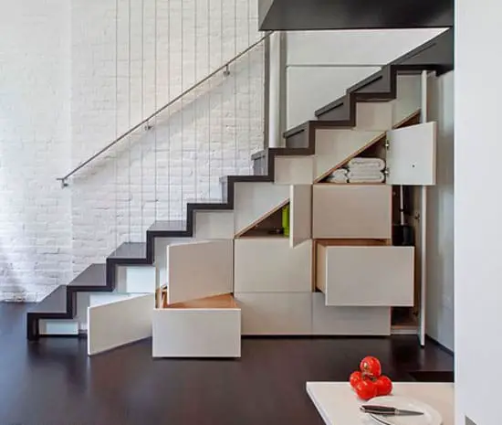 stairs with built-in storage cabinets and drawers