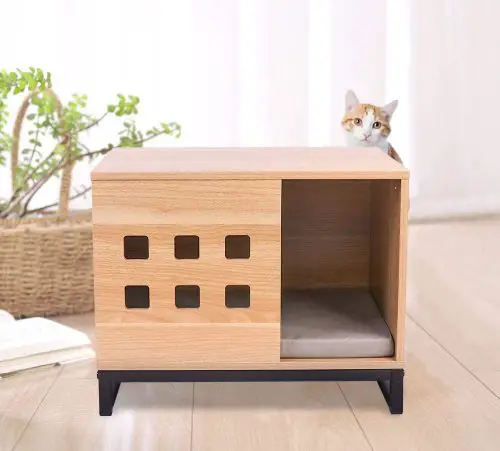 side table doubles as wooden pet house