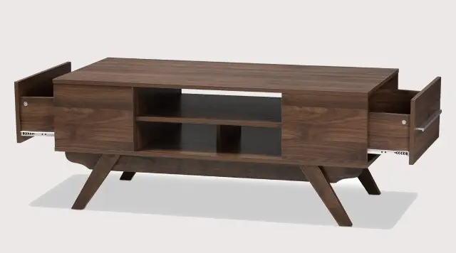 mid-century coffee table with hidden drawers