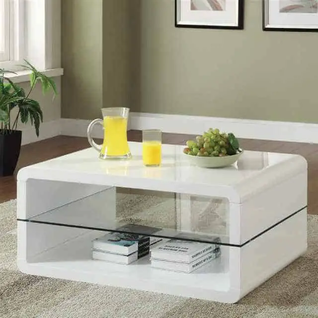 glossy white clear coffee table with shelf