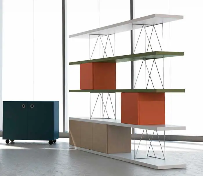Ingravitta is a multifunctional  modular shelf system and roomdivider with clean lines and emphasis on the horizontal aspect.