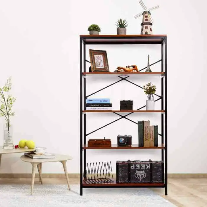 Kemanner industrial style bookcase, made from durable wood and steel, can up to 75 pounds on each shelf, thanks in part to the thicker wood planks/shelves and X-frame. 