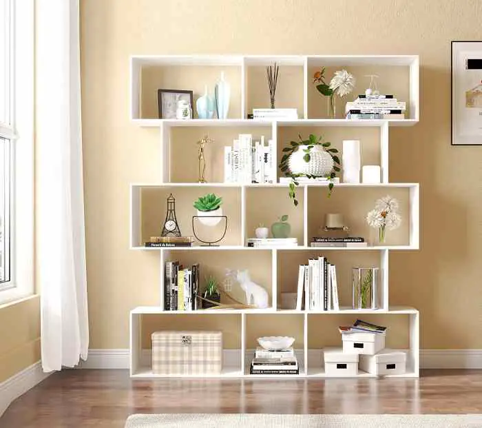 The Yusong geometric bookcase has offset rows that form a honeycomb pattern.