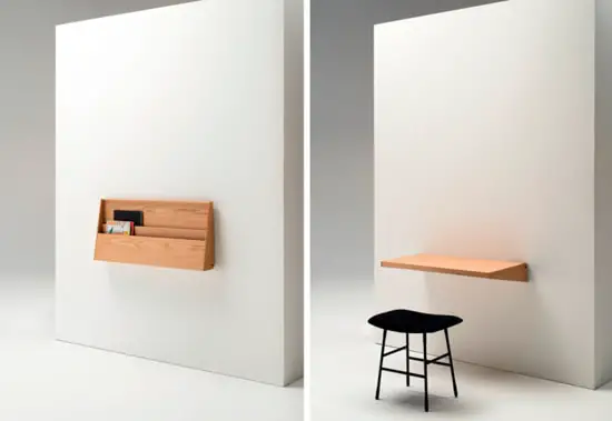 wall-mounted desk with storage space