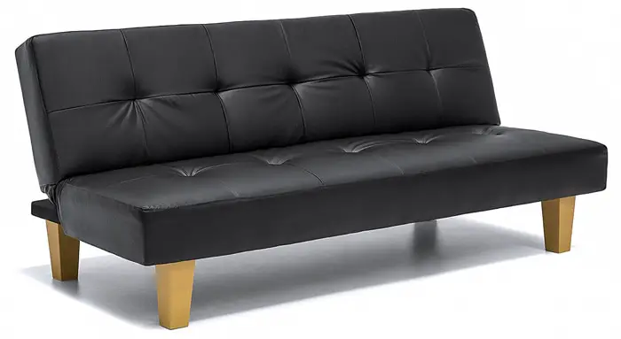 Made of faux leather this Convertible Sofa Bed, ressembles the real thing, covers a comfortable seat cushion and stands on solid wooden legs. 