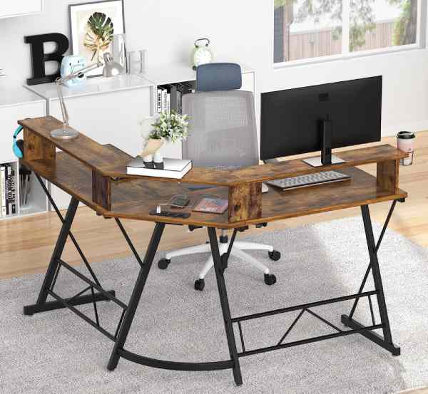 l-shaped desk with large monitor stand