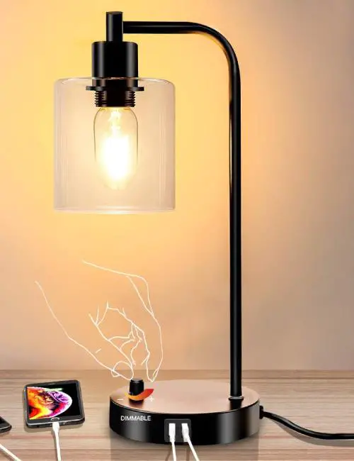 industrial table lamp with two USB ports and dimming switch
