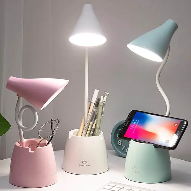 LED desk lamp with flexible gooseneck, pen holder and mobile phone stand