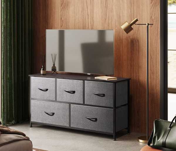 fabric dresser with five drawers that function just like a wooden chest of drawers