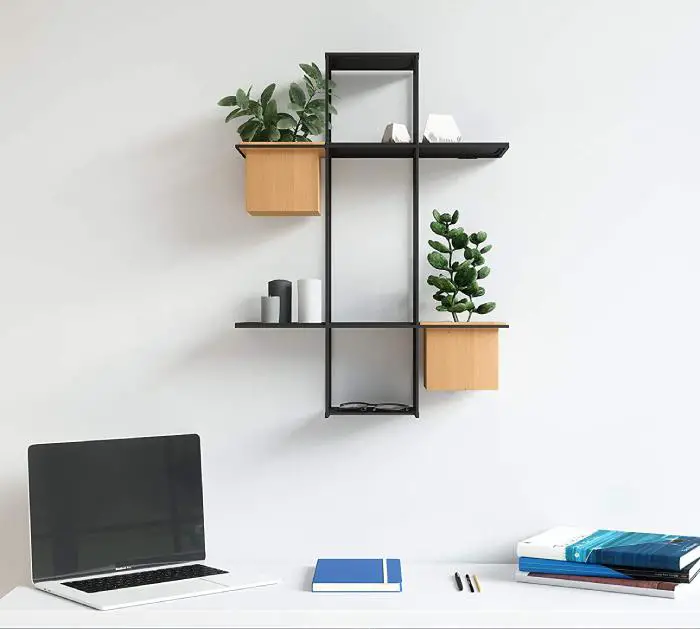 floating multi-shelf with wooden boxes