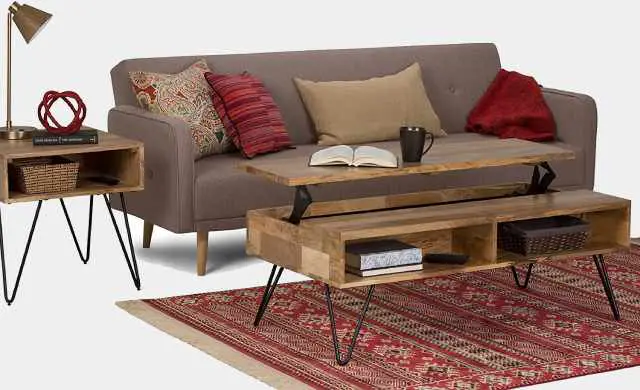 lift-top coffee table with two open compartments and hidden storage space under the tabletop