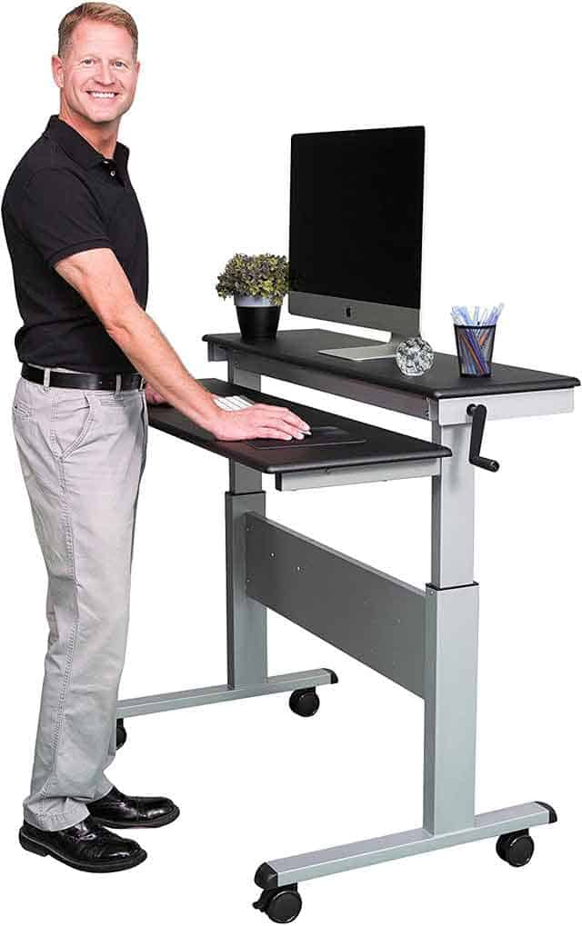 stand-up desk with keyboard tray and hand crank