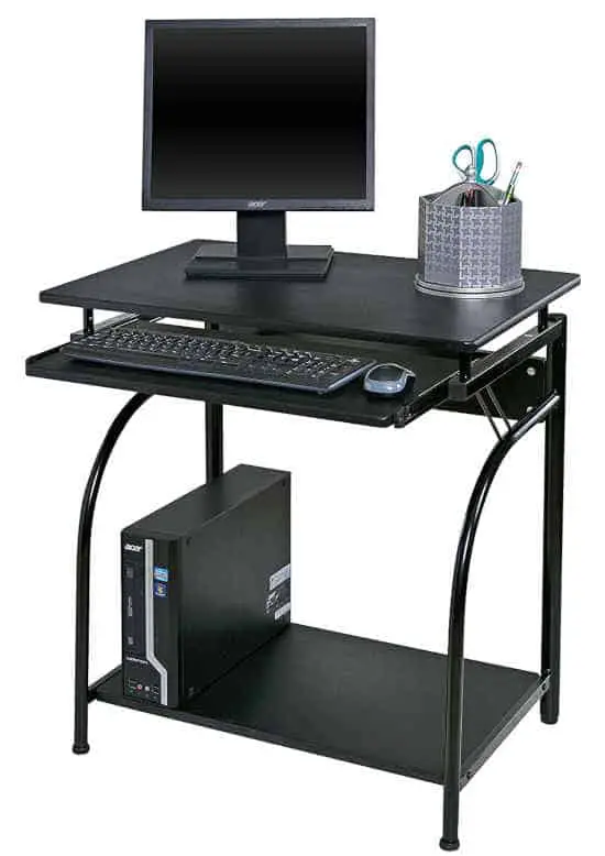 modest-size computer desk with sliding keyboard tray and storage underneath