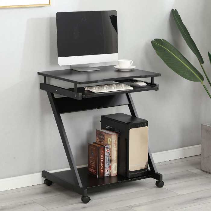 The rolling soges computer cart with pull-out keyboard tray is small and it fits where you need it. 