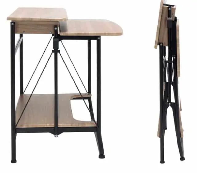 The desk by Calico Designs uses a folding mechanism to save space. Complete with a footrest, work space, and upper shelf, it has everything a college student or work-from-home writer needs.