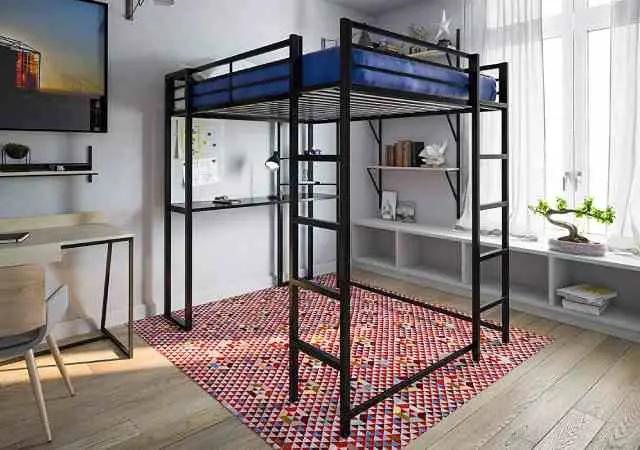  DHP's Abode Loft Bed uses the upper level to create a cozy sleeping space, while its lower level becomes a home office.