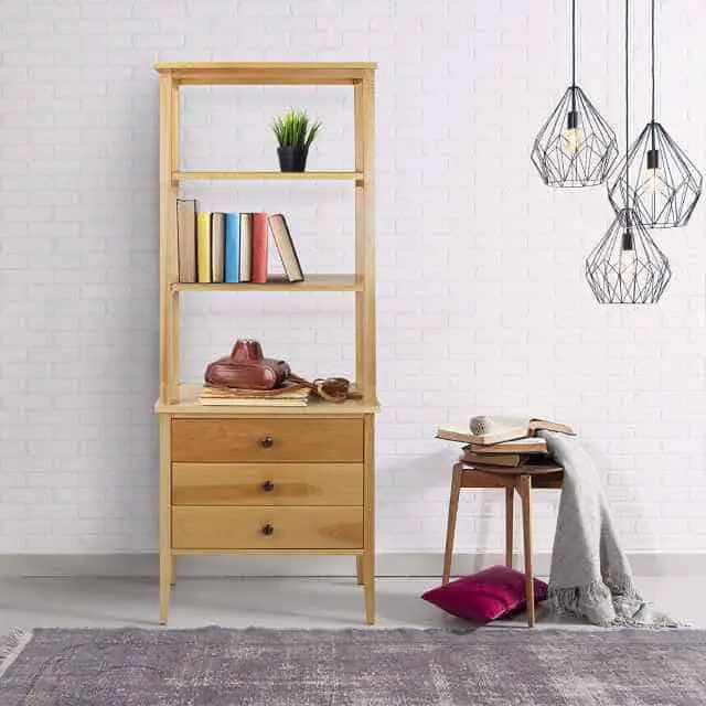 bookcase with open shelves and drawers