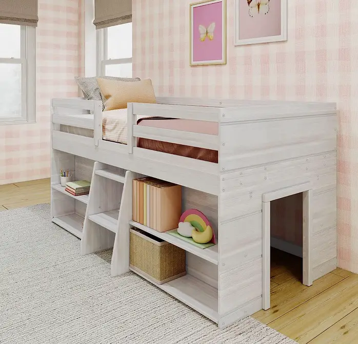 low loft bed with storage space and play area