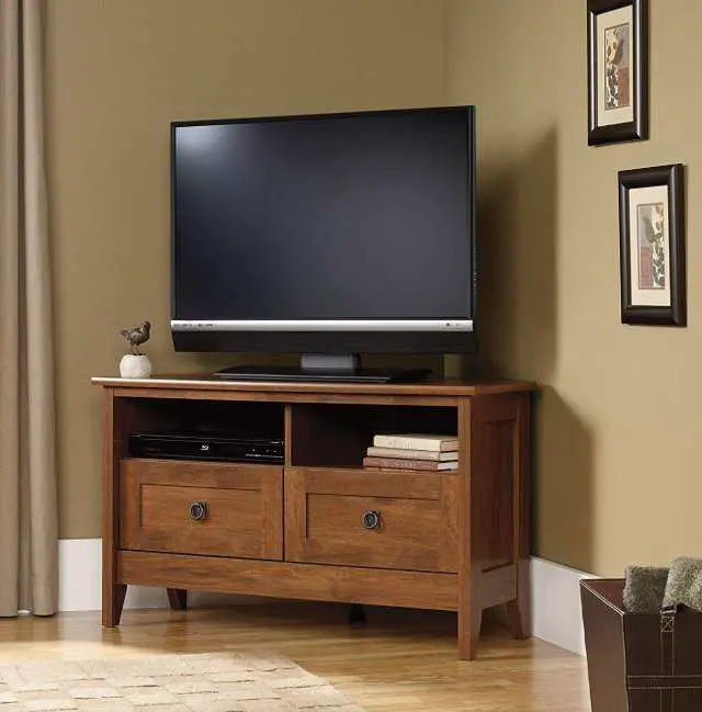 wooden corner TV stand with open shelves and drawers