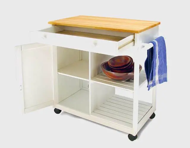 mobile kitchen cart with wood counter top and plenty of storage