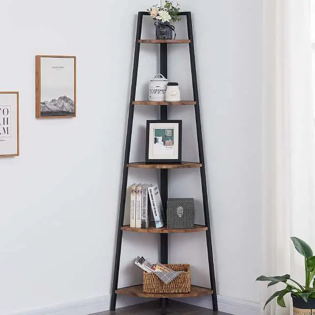 corner bookshelf with metal frame