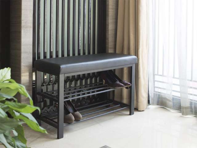 metal and faux leather shoe rack bench