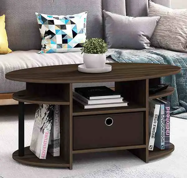 storage coffee table with open shelves and a non-woven bin