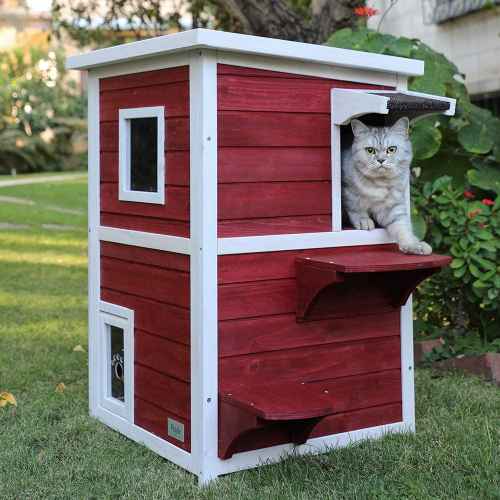two-story outdoor cat house