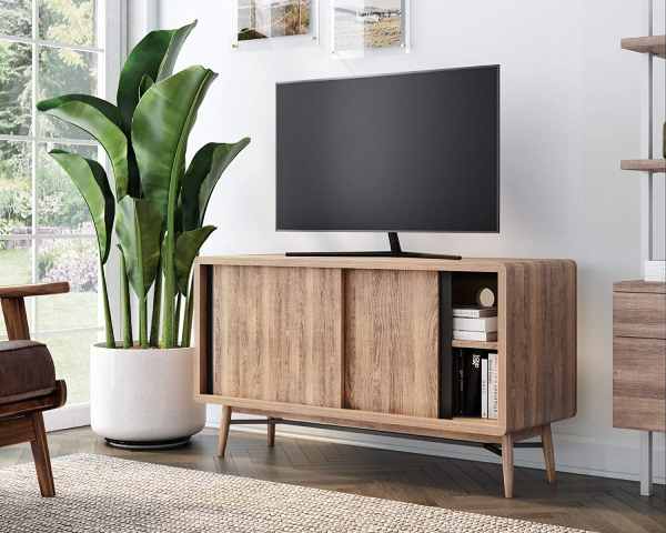 Mid-century modern TV stand with sliding doors