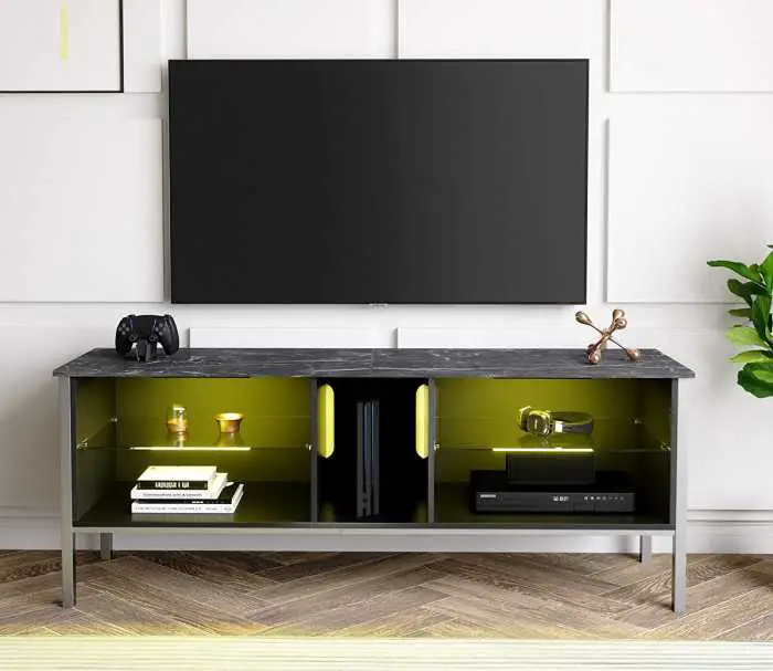 rustic modern TV stand with five open compartments, four of which are illuminated by seven different color choices
