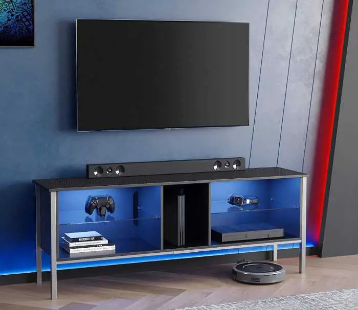 rustic modern TV stand with open compartments, four of which are illuminated by different color choices