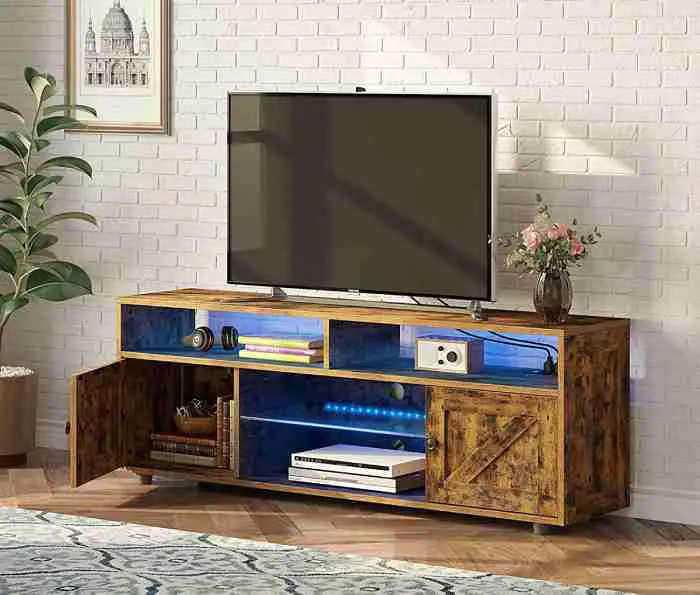 LED TV stand with two closed shelves and four open shelves