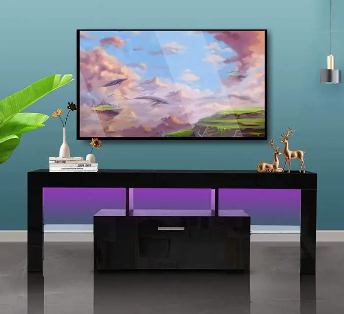 black glossy LED TV stand with LED light display