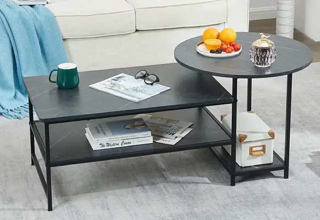 black faux marble coffee table with split table levels